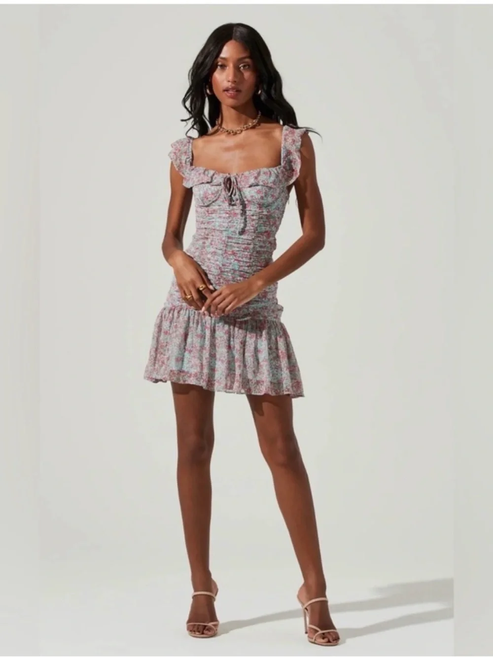 Astr Floral Ruched Midi Dress in Pink & Mint - Picture 2 of 10
